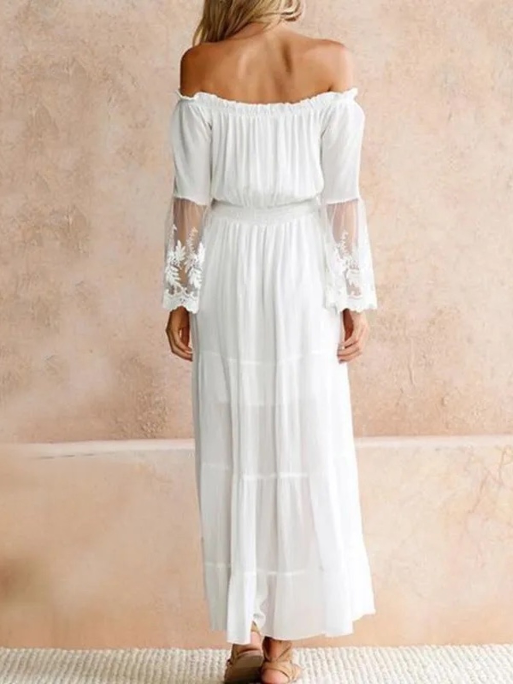 Boho White Off-Shoulder Maxi Dress Sheer Lace Bell Sleeve Tiered Size XL NWOT - Picture 3 of 16